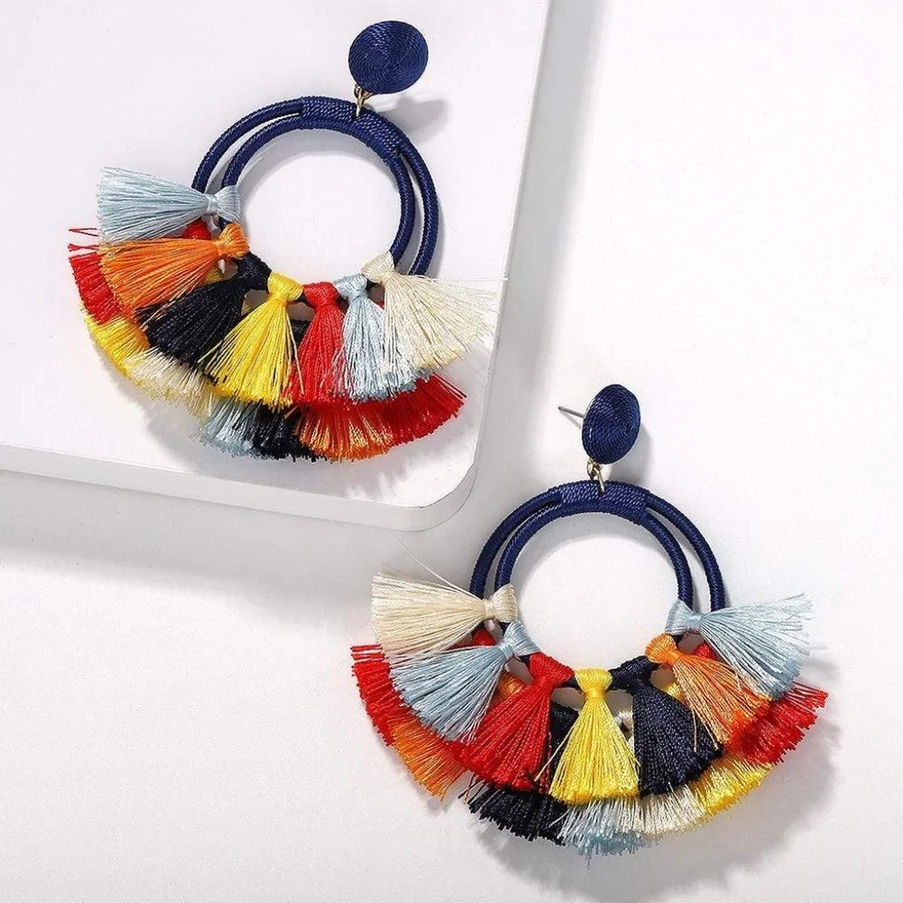 Womens‎ Bohemian Blue Tassel Hoop Earrings